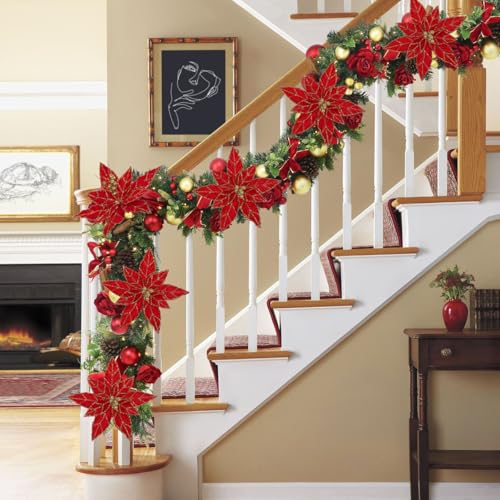 Briful 6 Pack Red Glitter Christmas Poinsettia Picks, 13.8'' Artificial Floral Stems with Gold Edges & Sparkle Beads, 9.8'' Blossom Holiday Flower Picks for Tree, Wreath, Table Centerpiece Decor - color: Red#353, size: 12'' POINSETTIA / 6PCS