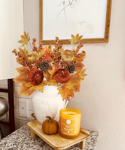 Briful 2Pack 16in Fall Picks and Sprays with Velvet Pumpkins Pinecones Berries Maple Leaves Artificial Fall Floral Branches Stems for Vases Autumn Table Centerpieces Seasonal Home Decor - color: Yellow Brown