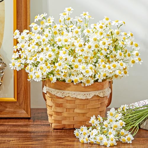 Serwalin 36pcs Small White Daisy Flowers Artificial Bouquet, Realistic Faux Silk Daisies Fake Wildflower with Stems for Wedding, Table Decorations, DIY Home Party (Basket Not Included) - color: White, size: 36PCS