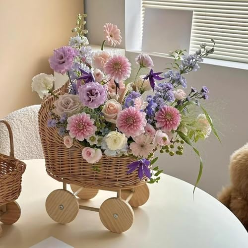 Woven Flower Basket Flower Girl Basket Wicker Basket Stroller Shaped Rattan Flower Basket with Handle Wood Baskets Woven Hand-Held Wicker Cachepot Storage Basket with Handle Wedding Home Decor