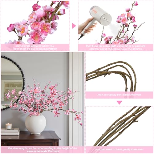 florisso 6 PCS Artificial Cherry Blossom Branches Spring Indoor Decoration, Faux Flowers 34.45" Long Stems Plum Fake Peach Plants Real Touch Silk for Wedding Home Bedroom Party Table Office, Pink - color: A-pink