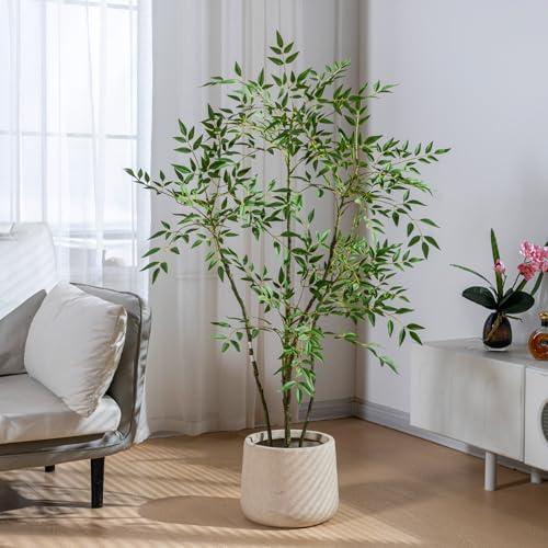 4.6ft Faux Bamboo Tree Artificial Nandina Tree Artificial Indoor Plants Realistic Fake Potted Tree with 800+ Leaves, Cement Planter - Home Office Decor Perfect for Housewarming Gift Non-Toxic - color: Green, size: 4ft 7in