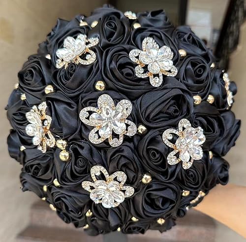 Sharebeauty 7.1" Handmade Satin Rose Bridal Bouquet Toss Round Wedding Bouquet Throw Toss Artificial Flower Bunch Black - color: 809a Black, size: 7.1"/18cm