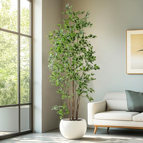 Bailikang Artificial Ficus Tree Indoor 8ft, Large Potted Faux Tree with Realistic Silk Leaves & Trunk for Home Office, Living Room Corner Decor - color: White Green, size: 8ft