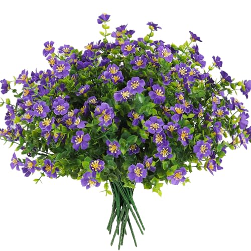 SJL Artificial Flowers for Outdoors, 12pcs Realistic Silk Fake Flowers with Greenery, UV Resistant Faux Plant for Home Wedding Centerpieces Indoor Outdoor Patio Decoration(Purple) - color: Bundle Purple-flower