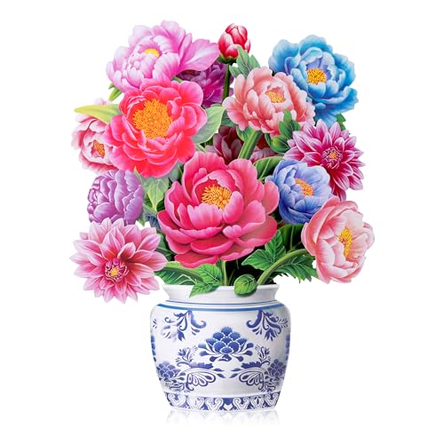Airpark Pop Up Flower Bouquet Card for Women, 3D Floral Greeting Card with Envelope and Note, Birthday Thank You Thinking of You Get Well Gift for Mom Friend Wife Teacher, Peony - style: Peonies