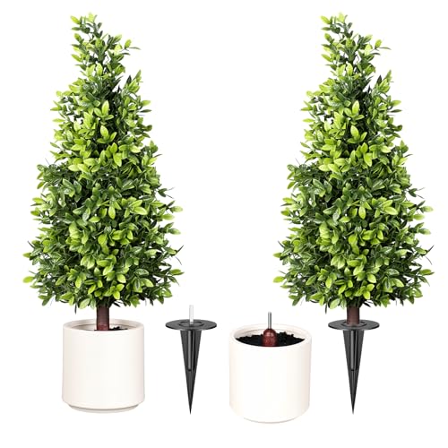 3FT Artificial Cedar Topiary Tree with Detachable Pot and Ground Stake, UV Resistant Faux Pine Shrubs Fake Plants for Outdoor Indoor Front Porch Home Decor - color: Cedar Trees Pot and Ground Stake 3ft