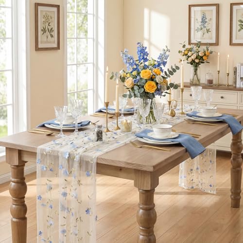 Artoid Mode Blue 3D Flower Gauze Embroidery Table Runner 120 Inch 10FT, Tulle Seasonal Spring Kitchen Dining Holiday Table Decor for Home Party - color: White-blue