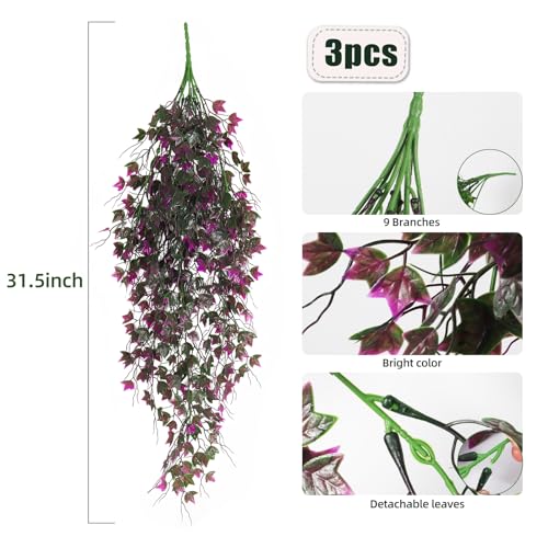 RECUTMS Artificial Hanging Plants Fake Ivy Plant Faux Plants Hanging UV Resistant Artificial Plants for Outdoor Garden Porch Decor Indoor Table Wall Room Office Decoration(Fuchsia) - color: Fuchsia, size: Hanging Ivy