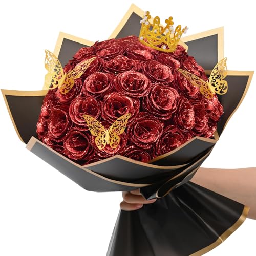 36+20 Glitter Roses Bouquet, DIY Fake Flowers Bouquet, Craft The Initials of Your Loves' Name with Artificial Rose Bouquet for Valentines, Anniversary, Wedding, Red & White - color: Red & White