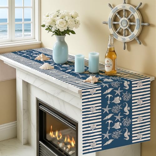 Larponder Starfish Coral Coastal Table Runner, 13x108 Inch | Ocean Beach Sea Animals Theme Table Runner Table Decoration, for Summer Holiday Kitchen Dinning Coffee Table Home Party Decor - color: Ocean-1, size: 13" x 108" (Rectangular)