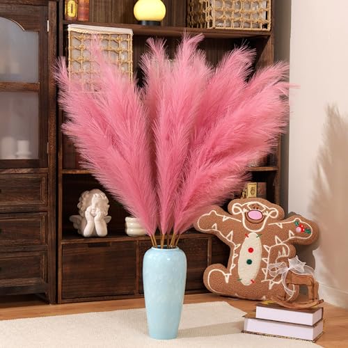 Premium Faux Dark Pink Pampas Grass – 43.3" Tall Fluffy Decor, 8pcs 18-Branch One-Piece Stems No Assembly, Luxury Silk-Feel Feather Flowers for Wedding Boho Home Decor (Magenta, 8 Stems / 110cm) - color: Faux Dark Pink, size: 8pcs 43.3"(110cm)