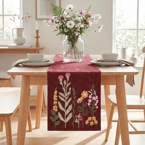 Artoid Mode Red Soft Chain Embroidery Wild Floral Christmas Table Runner, Seasonal Spring Kitchen Dining Table Decoration for Home Party Decor 13x72 Inch - color: Red, size: 13" x 72", Table Runner