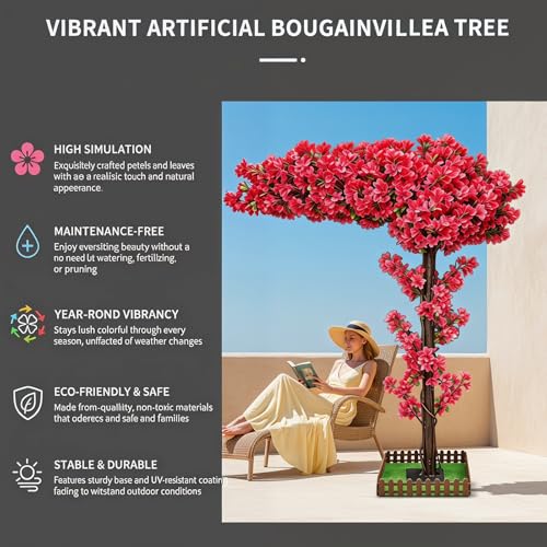 Red Wedding Bougainvillea Artificial Tree Large 6ft,Artificial Cheery Trees Indoor Outdoors for Home Decor,Tall Handmade Fake Faux Lifelike Flowers Plant for Living Room Party Office Balcony - color: Red, size: 5ft 11in