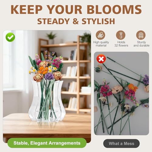 Vase for Lego Flowers Bouquet, for Mom, Acrylic Display Holder Compatible with Lego Botanical Collections Roses Sunflowers, for Lego Flower Building Set Lovers, Crystal Clear