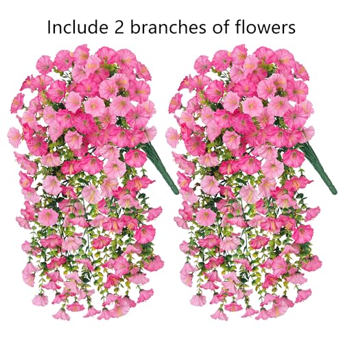 2 PCS Artificial Faux Hanging Flowers Plants for Outdoor Decor,Fake Silk Morning Glory with Eucalyptus UV Resistant Realistic Vine for Wall Home Porch Patio Balcony Yard Decor,Pink and Light Pink - color: Pink+light Pink