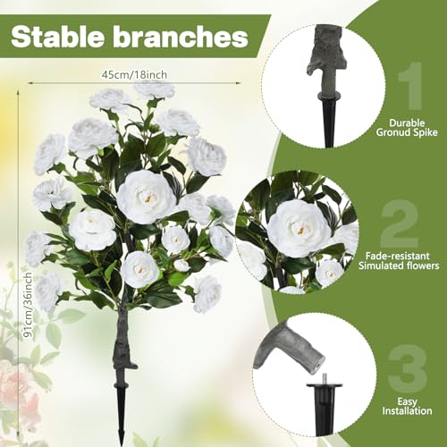 Lunmon 2 Pack 3ft Artificial Camellia Plants Tree 36" Faux Camellia Flower with Spike UV Resistant Realistic Fake Floral Blooming Bush for Indoor Outdoor Front Door Porch Backyard Garden, White - color: White, size: 3 ft