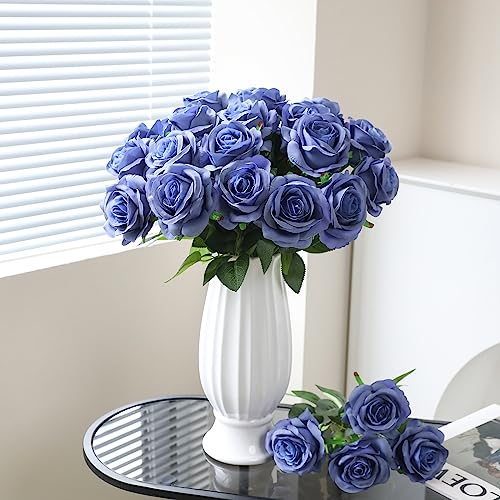 Tifuly Dusty Blue Roses Artificial Flowers - 12 Pcs Long Stem Silk Roses, Realistic Fake Roses with Stem for Bridal Bouquets, Home and Office Decor - color: Dusty Blue