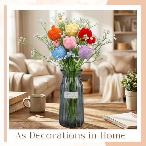 Suncalla 6 Bundle Mother's Day Crochet Flower Bouquet Handmade Crochet Rose Artificial Babys Breath Puff Flowers Bouquet Gift for Woman, Graduation Supplies(Multicolor,Tulip) - color: Multi Color, style: Tulip
