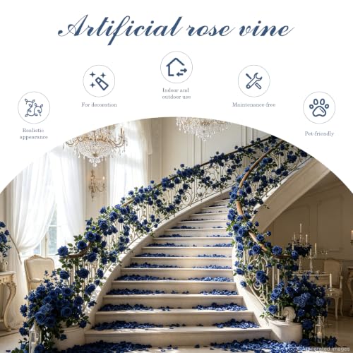 Dallisten 2 Strands 73'' Artificial Silk Rose Flower Vines Garland, Fake Roses Floral Green Leaves Hanging Plant for Wedding Arrangement Decoration, Wall, Party, Bedroom, Home Decor (Blue) - color: Blue