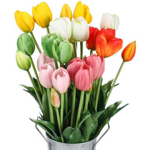 Riceshoot 30 Pcs Artificial Tulips Flowers 6 Bunches Faux Tulips Bouquets Arrangements Realistic Flowers for Office Wedding Party Kitchen Decoration(Multicolor) - color: Multi Color
