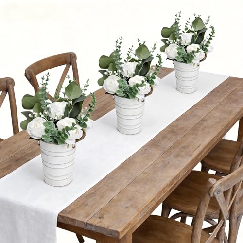 Artificial Flowers in Pot - 10 Inches Pre-Made Large Faux Silk Rose Floral Greenery Table Centerpieces with Rustic Tall Metal Vase for Farmhouse Home Decoration - White - color: White, size: 1 X Flowers Table Centerpiece