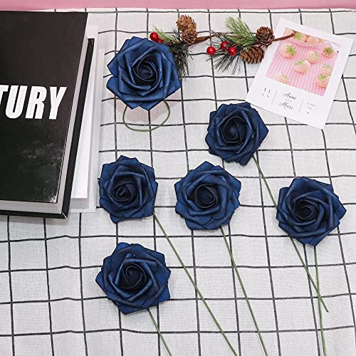 50pcs Artificial Flower，Real Touch Artificial Foam Roses Decoration DIY for Wedding Bridesmaid Bridal Bouquet Centerpieces Party(50, Navy Blue) - color: Navy Blue