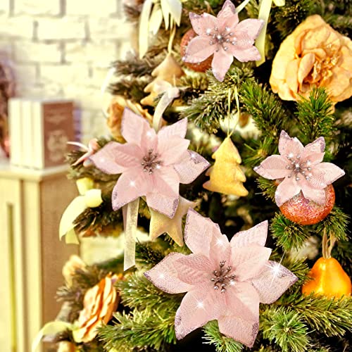 Geosar 100 Pcs 3 Size Christmas Poinsettia Flowers with Clips Glitter Artificial Flowers Small Christmas Tree Ornaments Faux for Xmas Party DIY Craft Wreath Garland New Year, 3/4/6 Inches(Rose Gold) - color: Rose Gold