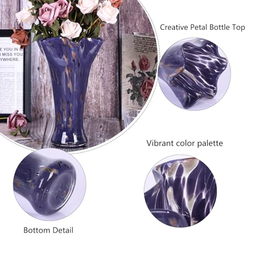 9.0" H Purple Glass Vases for Flowers, Unique Hand Blown Glass Vase Purple Home Decor, Wide Mouth Colorful Flower Vase Centerpieces, for Living Room Table Bookshelf, Bathroom Office Shelf Decorative - color: Purple