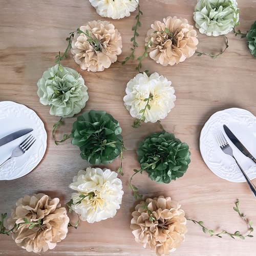 Sage Green Beige Party Decorations Tissue Paper Flowers Pom Pom with Leaf Ribbon Hanging Garland Streamer for Neutral Baby Shower Birthday Wedding Bachelorette Safari Jungle Woodland Party Supplies - color: Sage Green