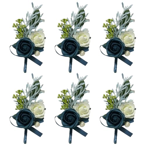 6PCS Navy Blue Boutonniere for Men, Groomsmen Guest Boutonniere, Artificial Flowers for Wedding Decor Prom Homecoming - color: Navy Blue