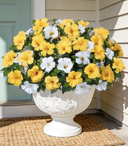 HyeFlora Artificial Flowers for Outdoors 4PCS Faux Petunias Silk Fake Flowers for Outside Planter UV Resistant Realistic Home Garden Porch Decor (Yellow 4branches) - color: Yellow 4branches
