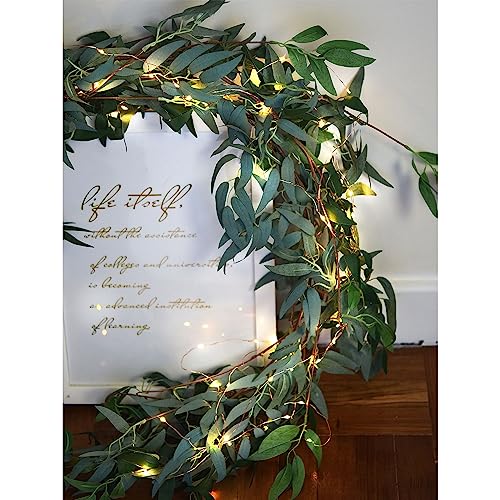 FiveSeasonStuff 2 Mix Greenery Garlands with 33 ft USB String Lights, Bendable Willow & Eucalyptus Vine for Wedding Backdrops, Fireplace Mantels and Party Decor - color: Willow Garlands With String Lights