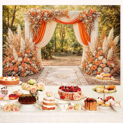 5X3ft Floral Photography Backdrop, Retro Flowers Backdrop Dreamlike Wedding Portrait Photo Background Romantic Wedding Birthday Bridal Shower Engagement Party Background Banner Decor, Orange-4 - color: Orange-4, size: 5x3ft