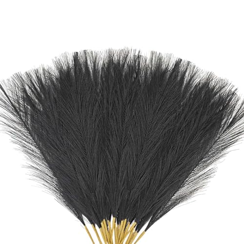 Black Pampas Grass Decor, 30 Pcs 17" Black Flowers Short Fluffy Artificial Faux Pampas Grass Stems, Fake Bulrush Floor Vase Filler Flower Arrangement for Boho Home Decoration - color: Black