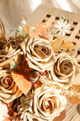 Floroom Artificial Flowers 25pcs Real Looking Antique Gold Foam Fake Roses with Stems for DIY Wedding Bouquets Bridal Shower Centerpieces Floral Arrangements Party Tables Home Decorations - color: Antique Gold, size: 25Pcs