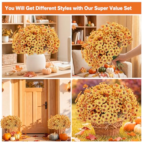22 Pack Artificial Flowers Outdoor Fake Plants, Faux Flowers UV Resistant with Plastic Plant, Faux Silk Flowers for Outdoors Outside Front Porch Hanging Planter Window Garden Decoration(Autumn Yellow) - color: Autumn Yellow, size: 22 Bundles
