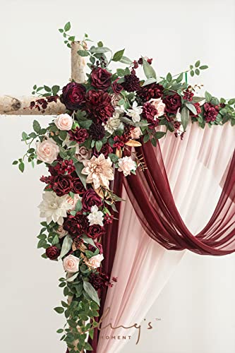 Ling's moment Deluxe Wedding Arch Flowers with Drapes Kit-Pack of 5, 2pcs Flower Arrangements 3pcs Hanging Sheer Drapes Pink Ceremony Arbor Red Backdrop Artificial Rose Floral Decorations - color: Red-marsala