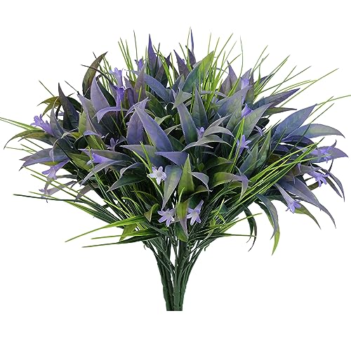 8 Bundles Artificial Plants Bushes Outdoor UV Resistant Fake Flowers Grass Bulk Faux Plastic Greenery for Fall Winter Summer Outside Window Box Planter Front Porch Yard Floral Arrangements… - color: Purple Morning Glory Flowers and Grass, size: 8pcs