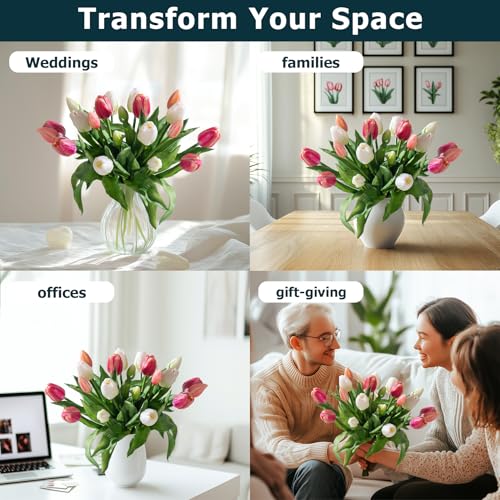 Bailikang 20PCS Fake Tulips Artificial Tulip Silk Flowers Fake PU Bouquet Artificial Flowers Faux Flowers with Gift Box Soft Faux Tulips Bouquets Arrangements for Party Wedding Home - color: White+light Red
