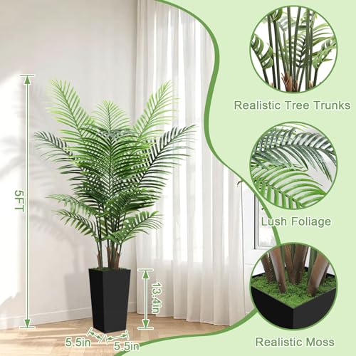 5FT Tall Fake Palm Tree with Black Planter – Artificial Plants Indoor Large Faux Tree Indoor Plant for Living Room Office Home Floor Decor - color: Black, size: 5ft