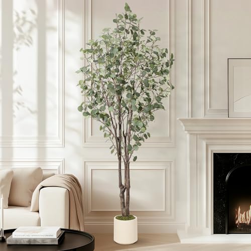 GarveeHome Artificial Eucalyptus Tree, 7 ft Tall Fake Artificial Plant with White Planter，Large Faux Floor Plant Fake Silk Trees Artificial Trees for Home Decor Indoor - size: 7ft