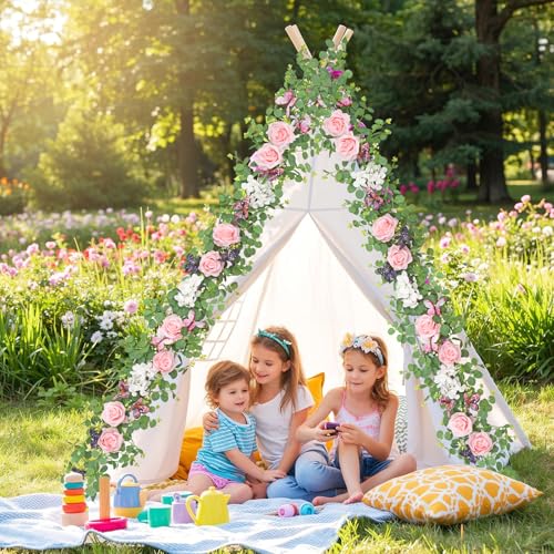 TOCHGREEN 2 Pack 5.9 Ft Artificial Fake Flower Garland Pink Rose Hydrangea Vines with 3D Butterfly Artificial Hanging Floral Greenery Eucalyptus Garland for Wedding Table Party Background Arch Decor - color: Pink