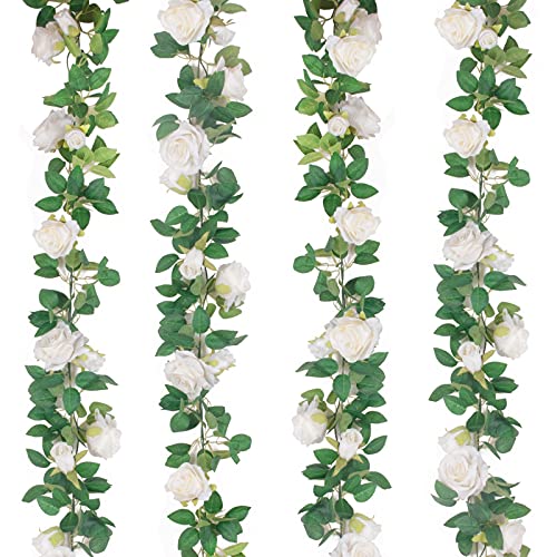 TELDRASSIL 4Pcs(26 FT) Artificial Rose Vine Fake Flower Garland Fake Silk Rose Hanging Vine for Wedding Party Background Arch Garden Background Decoration (White) - color: White