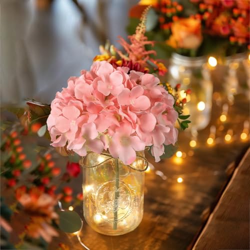 Set of 3 Mason Jar with Lights Blush Hydrangea Decorative Jars Flower Vase Farmhouse Table Centerpiece for Home Wedding Event Party Decor - color: Jar-pink Hydrangea