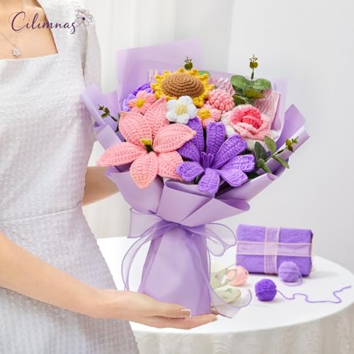 Crochet Flower Bouquet,Pink&Purple Knitted Flowers, Handmade Lily Sunflowers Roses Bouquet for Birthday Anniversary Party Mother's Day Graduation Gifts - color: Purple&pink