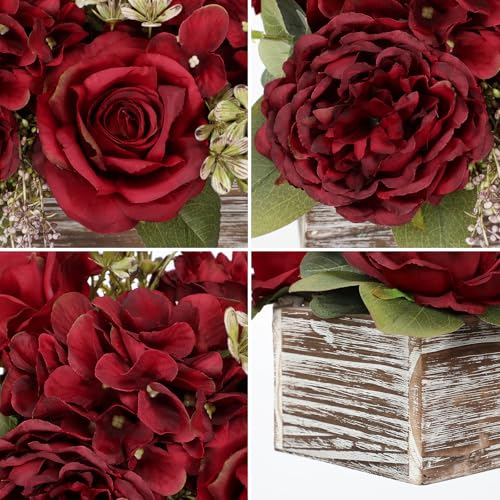 Flower Arrangement with Wooden Vase 14" Artificial Flowers in Pot - Fake Flowers Roses Peonies Hydrangeas in Wooden Vase Potted Artificial Flower Centerpieces for Table Decor Living Room - Red - color: 14"l Burgundy Red