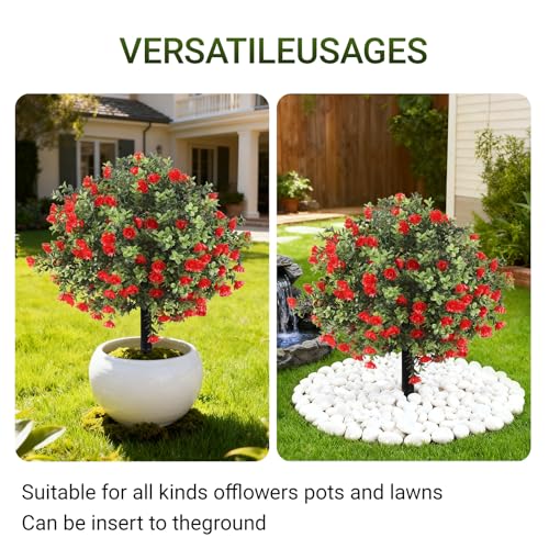 Artificial Topiary Bushes with Ground Spike Set of 2, Faux Boxwood Ball Trees for Outdoor, Fake Shrubs Bushes Decorations for Indoor Front Porch Garden - UV Resistant Faux Plants - Red Flowers - color: Red Azaleas