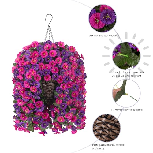 Artificial Fake Hanging Flowers in Basket for Outdoor Indoor Decoration,UV Resistant Faux Silk Dark Purple and Fuchsia Morning Glory Plants Realistic Hanging Planter for Outside Home Porch Yard - color: Fuchsia+dark Purple Morning Glory