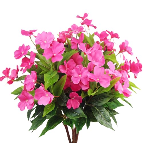 CITYES 4 Pcs Artificial Flowers Outdoor Impatiens UV Resistant Silk Impatiens Flowers Rose Red Faux Flowers Impatiens Bushes Artificial Impatiens for Pot Patio Lawn Garden Hanging Basket Porch Decor - color: Rose Red